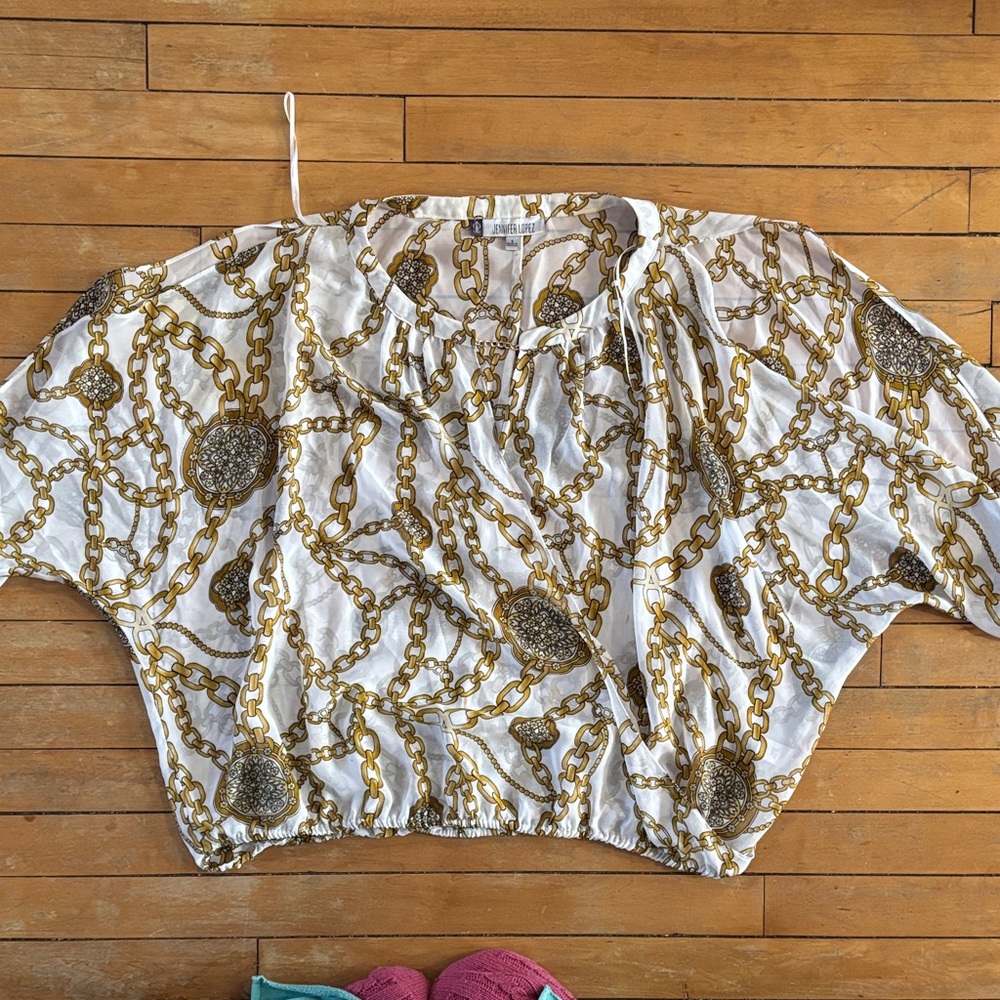 EUC Jennifer Lopez Gold Chain Print Blouse